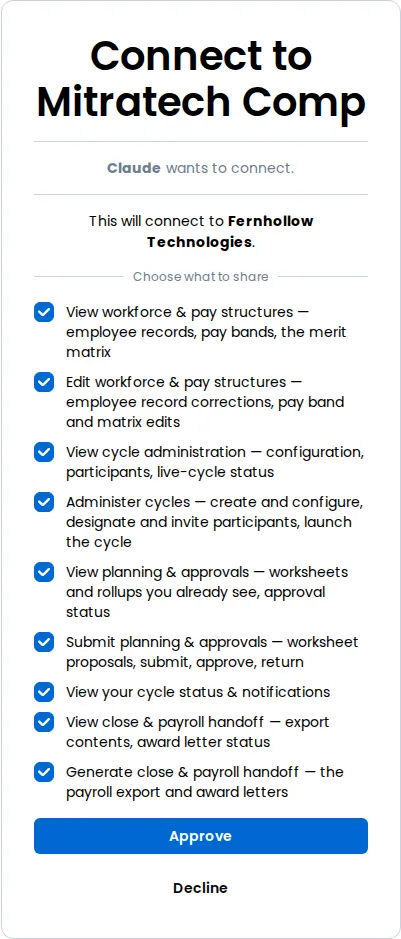 The Connect to Mitratech Comp window after signing in, naming the workspace and listing every scope Claude asked for under Choose what to share, each checked, above the Approve and Decline buttons