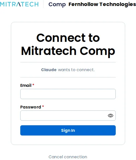 The Connect to Mitratech Comp window, saying that Claude wants to connect, with Email and Password fields, a Sign In button and a Cancel connection button
