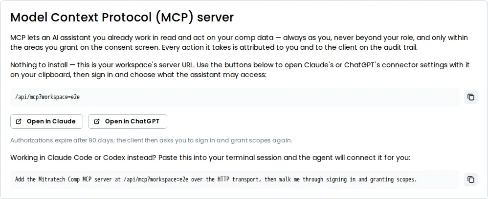 The Model Context Protocol (MCP) server card on the AI clients page, with the server address and its copy button, the Open in Claude and Open in ChatGPT buttons, and the Claude Code or Codex prompt with its copy button