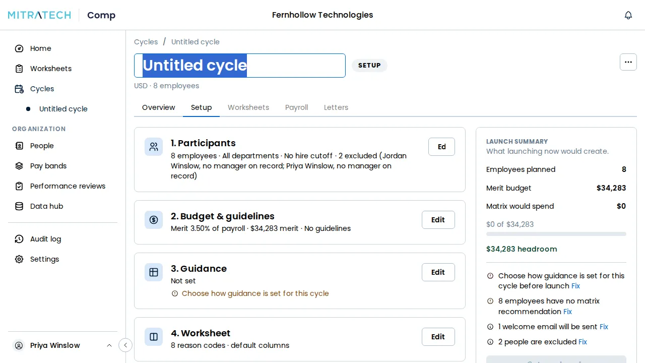 A new draft cycle named Untitled cycle on its Setup tab, with the name selected in the page header, the five numbered setup sections below it and the Launch summary beside them