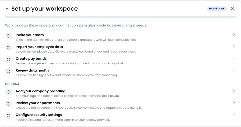 The Set up your workspace checklist on Home, listing the first things to do and how many are done