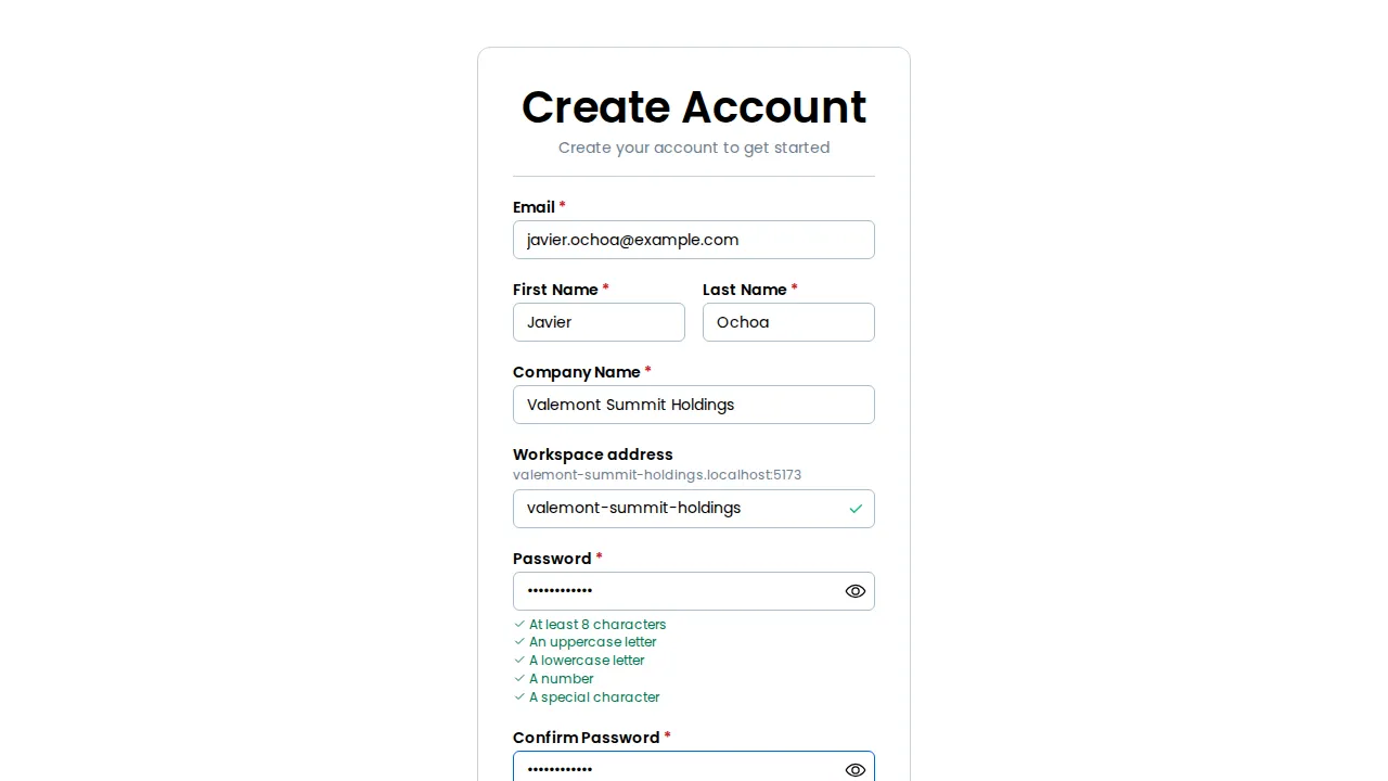 The Create Account form filled in with an email, first and last name and company name, the Workspace address made from the company name, the password and confirm password fields with every password rule met, and a Create Account button