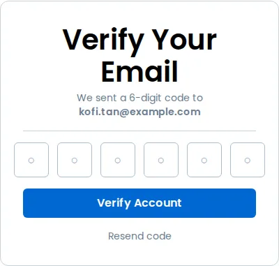 The Verify Your Email step, showing the email address the code was sent to, six empty boxes for the code, a Verify Account button and a Resend code control
