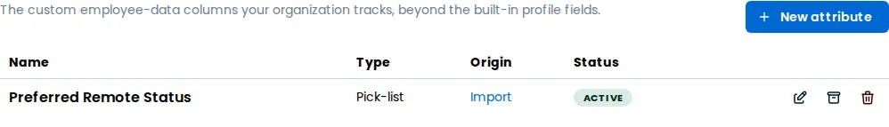 The Custom attributes tab, listing an attribute an import created, with its type, its origin linking to that import, and its status