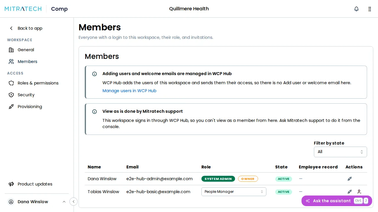 The Members page of a workspace on WCP Hub, with a note that adding users and welcome emails are managed in WCP Hub where the Add user button would be, above the member list