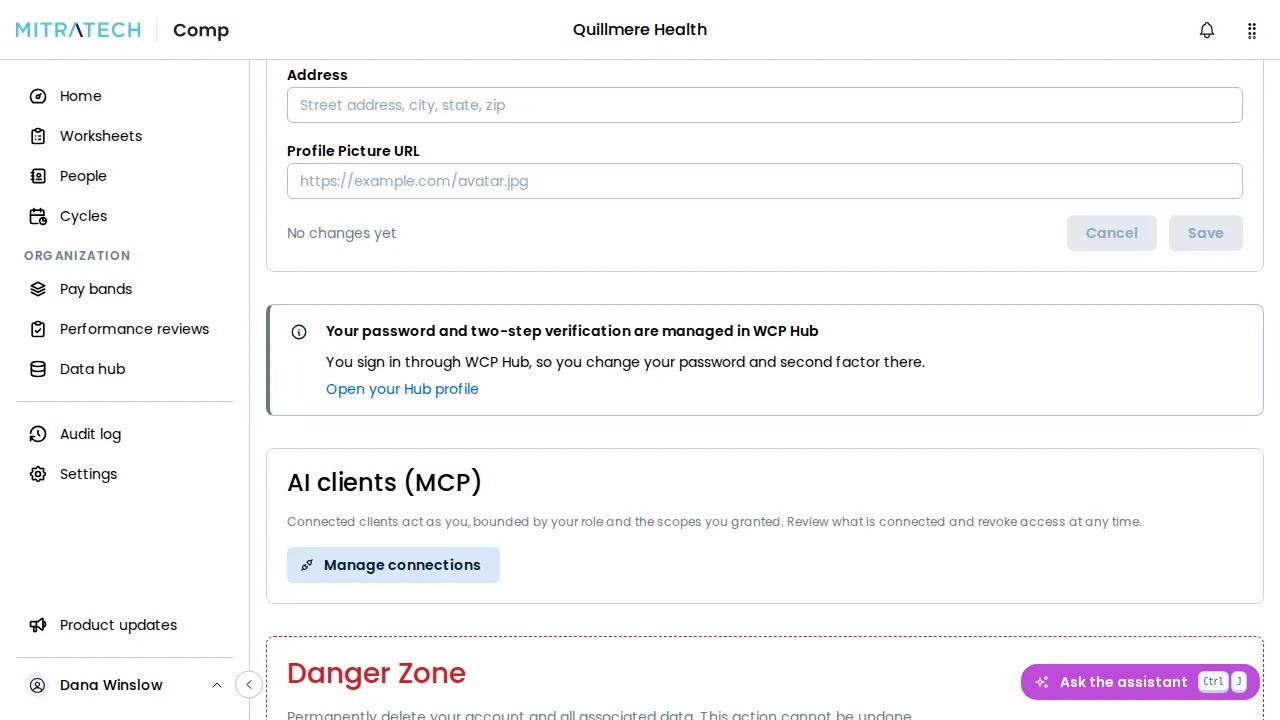 The lower part of the Profile page of a workspace on WCP Hub, scrolled to a note that your password and two-step verification are managed in WCP Hub, with an Open your Hub profile link, in place of the Two-step verification section