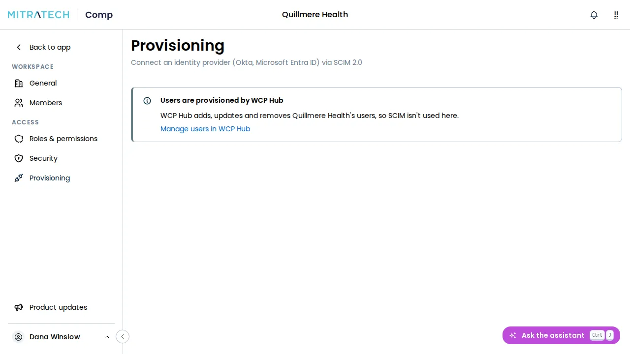 The Provisioning page of a workspace on WCP Hub, showing a note that users are provisioned by WCP Hub, with a Manage users in WCP Hub link, in place of the SCIM tokens and settings