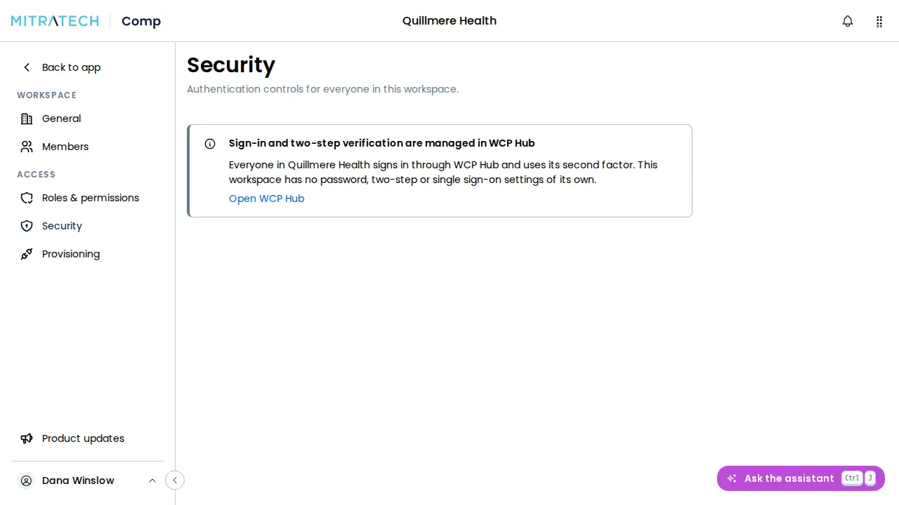 The Security page of a workspace on WCP Hub, showing one note, Sign-in and two-step verification are managed in WCP Hub, with an Open WCP Hub link, where the Two-step verification and Single sign-on cards would be