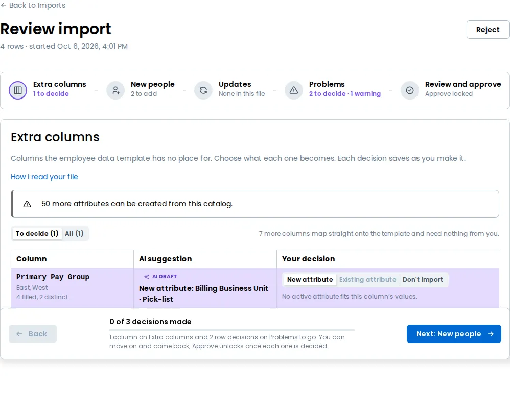 An import at Awaiting review, opened on the review's first step, Extra columns, with the stepper along the top naming each step and what is left on it