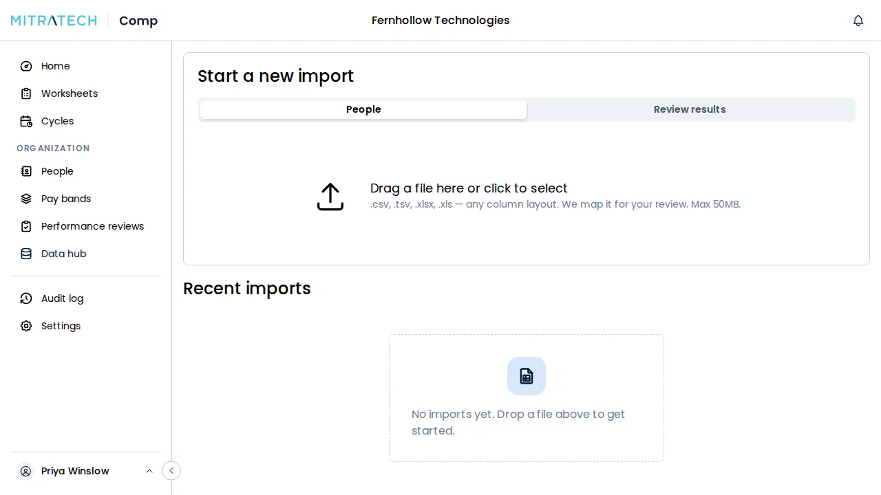 The Import page, with the Start a new import card holding the People and Review results toggle and the area to drop a spreadsheet, above the history of earlier imports