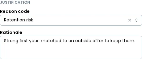The Justification section of one person's open details, with the Reason code set to Retention risk and the Rationale filled in