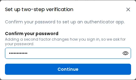 The authenticator app setup dialog, asking for your password, with a Continue button