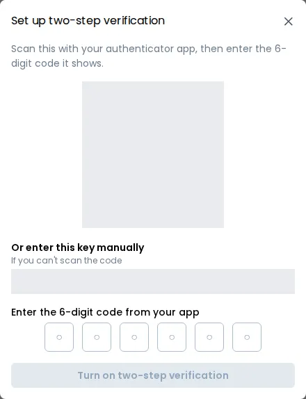 The authenticator app setup dialog, showing the QR code to scan, the key to enter manually, a field for the 6-digit code and the Turn on two-step verification button. The QR code and the key are hidden in this picture