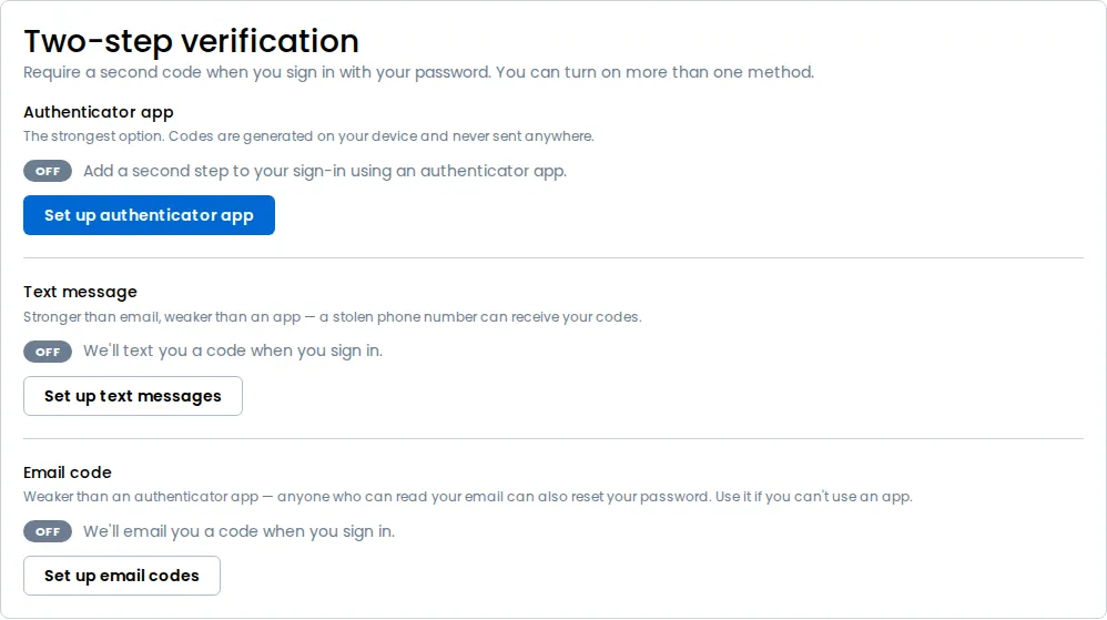 The Two-step verification section on the profile page, listing Authenticator app, Text message and Email code, with none of them turned on yet
