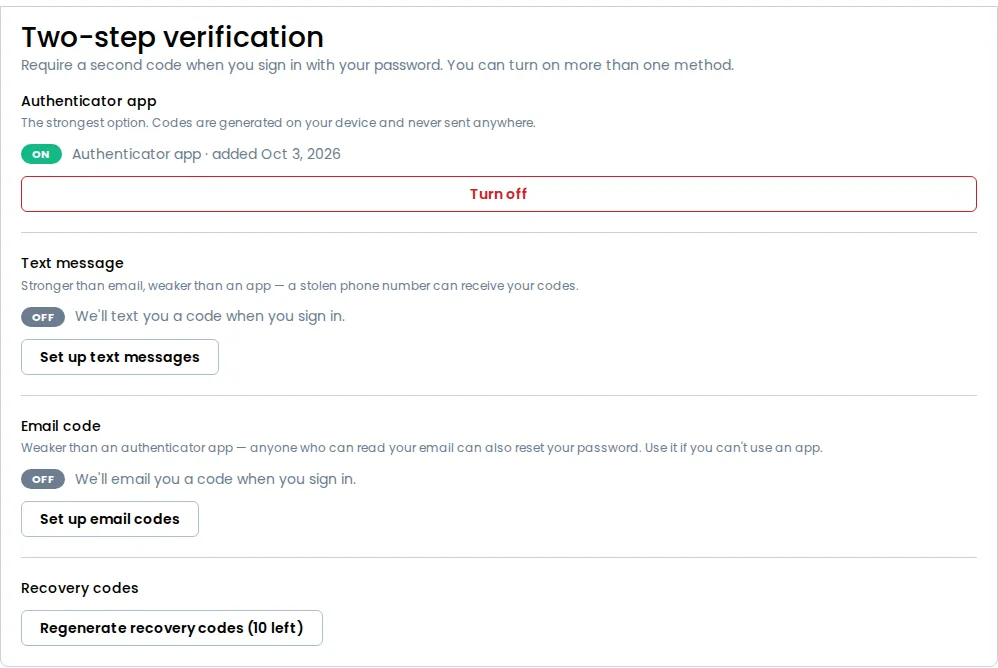 The Two-step verification section with the authenticator app turned on, and a Regenerate recovery codes button showing 10 left