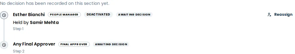 A worksheet's approval chain after a reassignment: step 1 still names the original approver, marked Deactivated, and reads Held by the new holder, while step 2 waits on any Final Approver