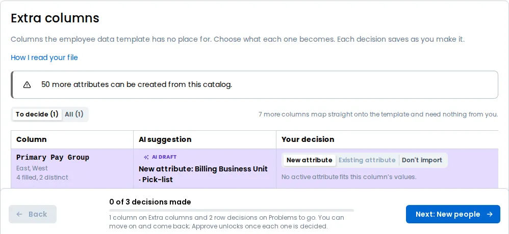 The Extra columns step, one line per column with its sample values, its Import as list and Confirm, and one column open on its most common values, counts and the AI's reason
